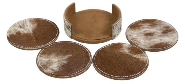 4ks hnedo bielych okrúhlych podtáciek v stojane z hovädzej kože - 11 * 11 * 3cm / 10 * 10 * 0,5cm - Mars & More