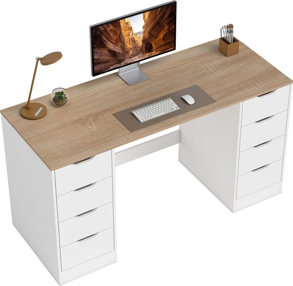 Písací stôl HOMCOM s 8 zásuvkami – moderný kancelársky stôl 140 x 53 x 75 cm, biely
