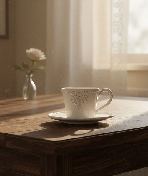 Keramická šálka s tanierikom so srdiečkom Heart - 12*9*7 cm / Ø 15*2 cm / 220 ml - Clayre & Eef