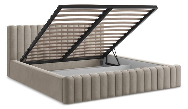 Taupe čalúnená dvojlôžková posteľ s úložným priestorom s roštom 180x200 cm Lemi – Makamii