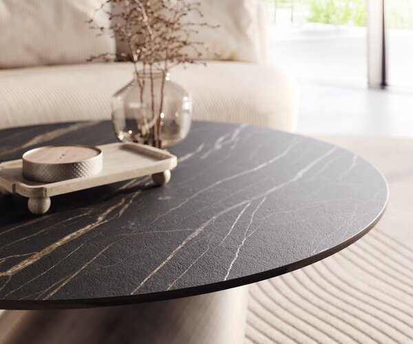 DELIFE Konferenčný stolík Edge okrúhly 100x100 cm keramika Laminam® Noir Desir hnedá Conis metalická strieborná