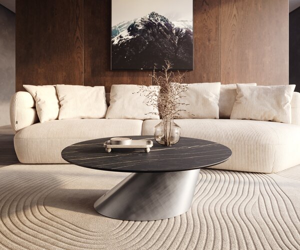 DELIFE Konferenčný stolík Edge okrúhly 100x100 cm keramika Laminam® Noir Desir hnedá Conis metalická strieborná