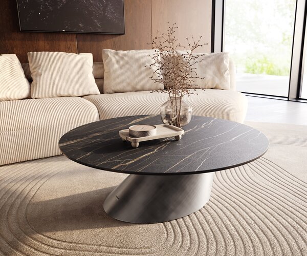 DELIFE Konferenčný stolík Edge okrúhly 100x100 cm keramika Laminam® Noir Desir hnedá Conis metalická strieborná