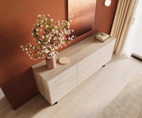DELIFE Komoda Cuor 180 cm keramika Laminam® Travertino Bianco krémovo biela 2 dvierka 3 zásuvky podstava závesná nerezová oceľ