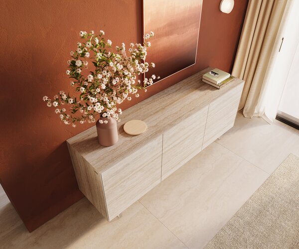 DELIFE Komoda Cuor 180 cm keramika Laminam® Travertino Bianco krémovo biela 2 dvierka 3 zásuvky podstava závesná akrylové sklo