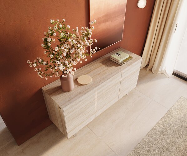 DELIFE Komoda Cuor 150 cm keramika Laminam® Travertino Bianco krémovo biela 3 dvierka podstava závesná akrylové sklo
