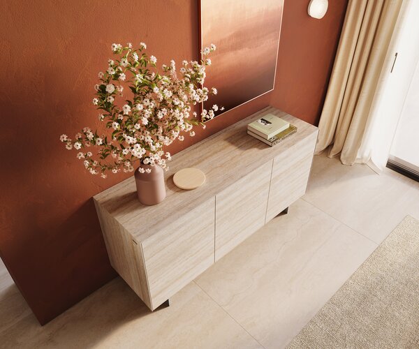 DELIFE Komoda Cuor 150 cm keramika Laminam® Travertino Bianco krémovo biela 3 dvierka podstava závesná nerezová oceľ