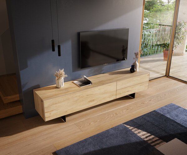 DELIFE TV stolík Cuor 220 cm keramika Laminam® sabbia v dubovej farbe 1 výklopné dvierka 2 zásuvky podstava závesná kov čierna