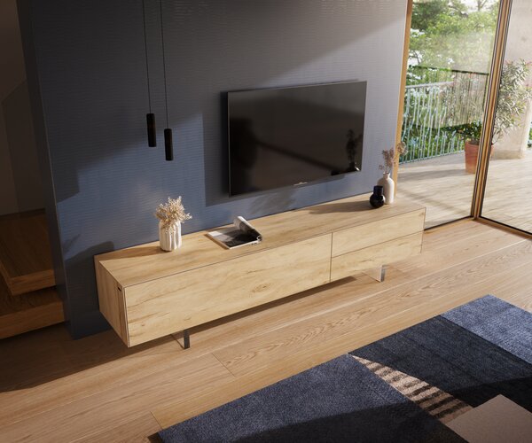 DELIFE TV stolík Cuor 220 cm keramika Laminam® Sabbia v dubovej farbe 1 výklopné dvierka 2 zásuvky podstava závesná akrylové sklo