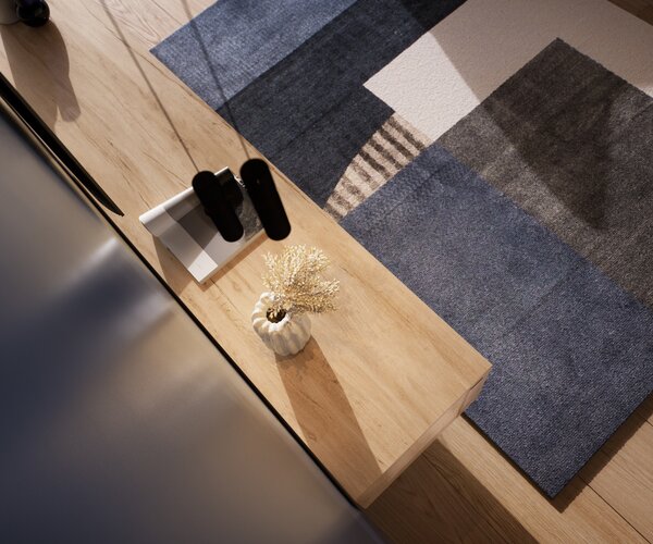DELIFE TV stolík Cuor 220 cm keramika Laminam® sabbia v dubovej farbe 1 výklopné dvierka 2 zásuvky podstava závesná kov čierna