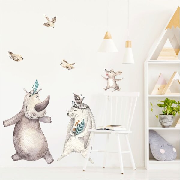 Detská nálepka na stenu Forest team - nosorožec, zajačik, myška a vtáčiky Rozmery: 66 x 44 cm