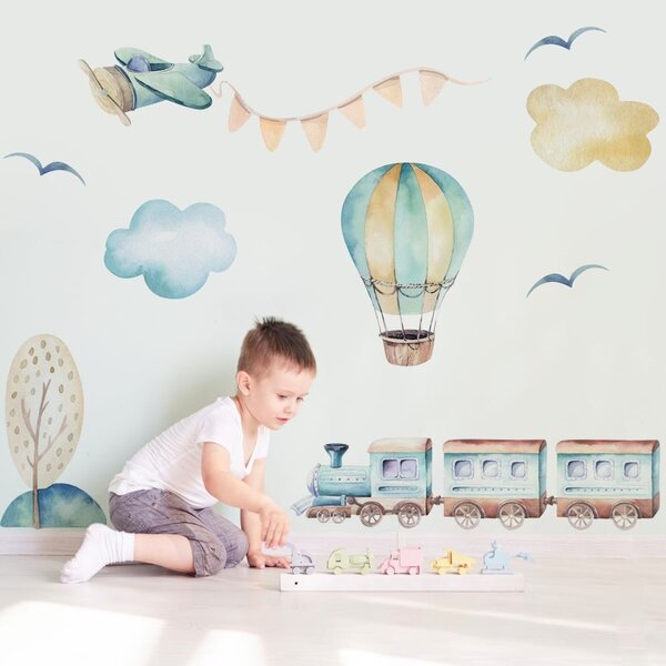Detská nálepka na stenu Boys world - lietadlo, balón a vlak