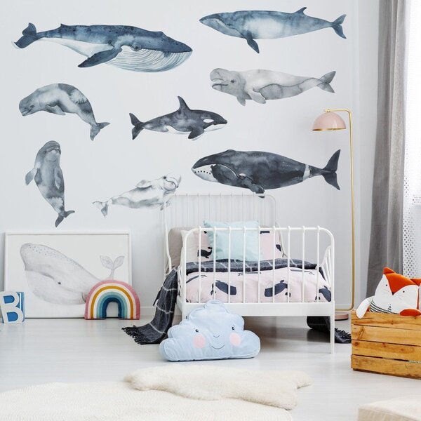 Detská nálepka na stenu Ocean world - veľryby, kosatka a bieluhy