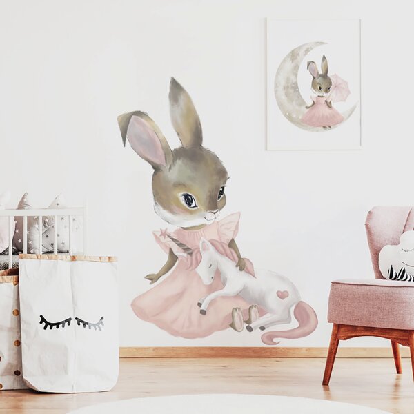 Detská nálepka na stenu Zajačik s jednorožcom Rozmery: 120 x 90 cm