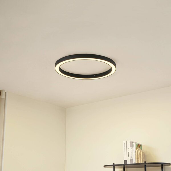Lucande stropné LED svetlo Neor, čierne, Ø 60 cm, stmievateľné, Čierna, Chodba, kov, Moderný, Závesné svietidlo