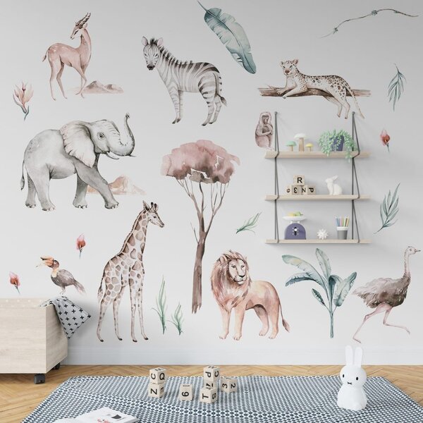 Detská nálepka na stenu Savanna - slon, nosorožec, žirafa, lev a iné zvieratá
