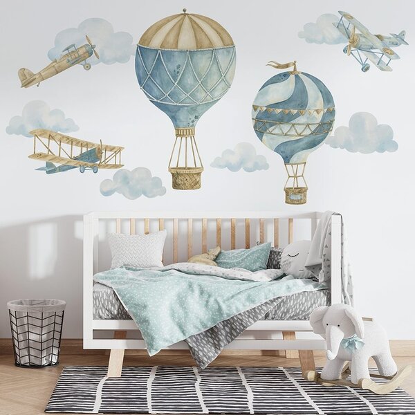Detská nálepka na stenu Retro balloons and airplanes - tri lietadlá, dva balóny a mraky