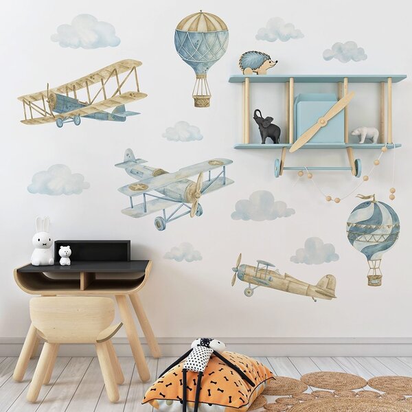 Detská nálepka na stenu Retro balloons and airplanes - lietadlá, balóny a mraky
