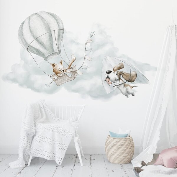 Detská nálepka na stenu Adventure in the sky - mačka v balóne a psík na rogale Rozmery: 100 x 55 cm