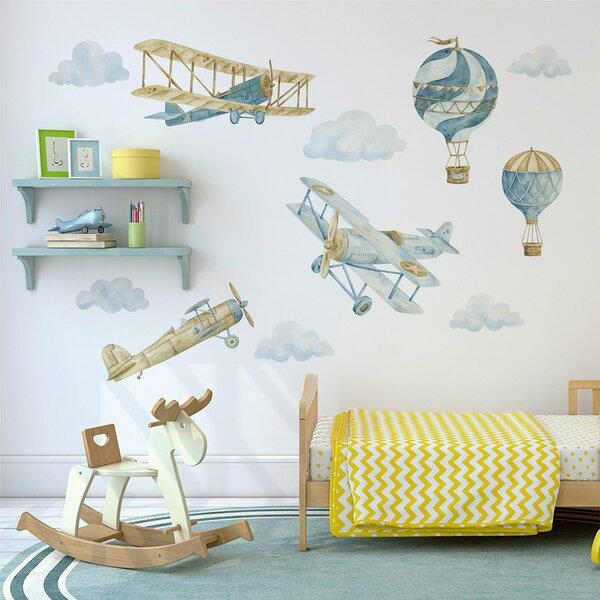 Detská nálepka na stenu Retro balloons and airplanes - oblaky, tri lietadlá a dva balóny
