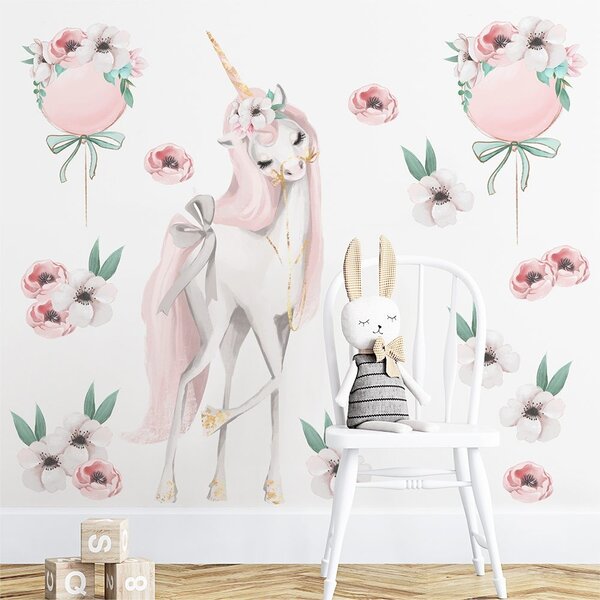 Detská nálepka na stenu Pastel unicorns - jednorožec, balóny s bielymi a červenými kvetmi