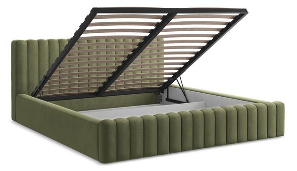 Zelená čalúnená dvojlôžková posteľ s úložným priestorom s roštom 140x200 cm Lemi – Makamii