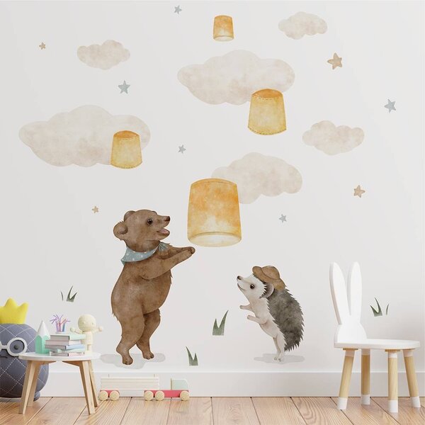 Detská nálepka na stenu Magical animals - medvedík, ježko a lampióny