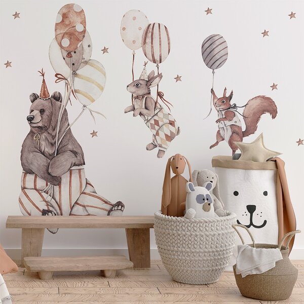 Detská nálepka na stenu Party animals - medvedík, zajačik a veverička s balónmi