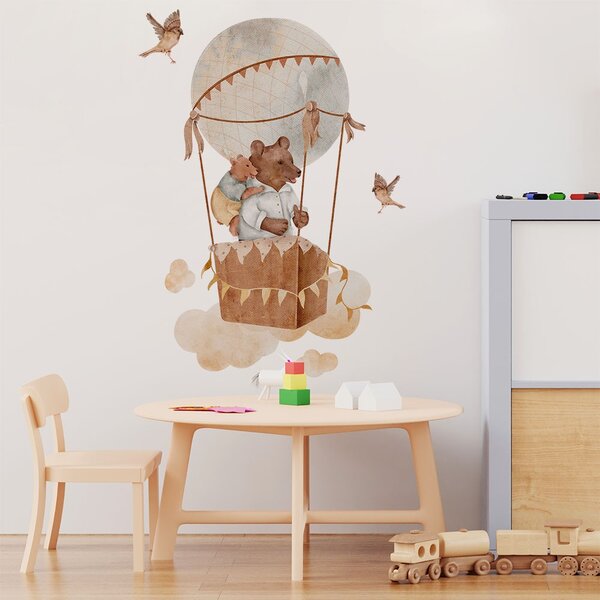 Detská nálepka na stenu Magical animals - medvedíky v balóne a vtáčiky