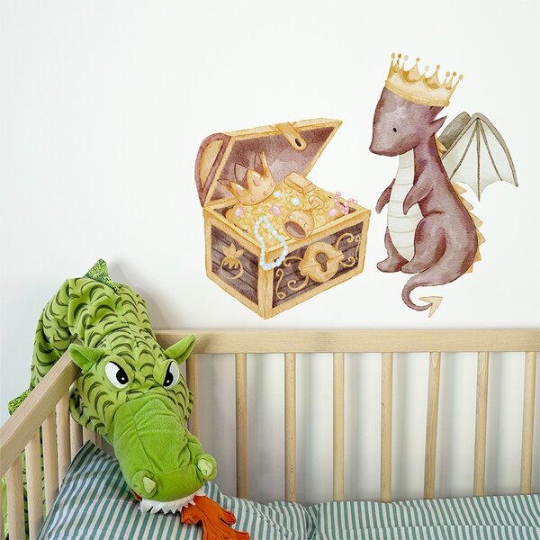 Detská nálepka na stenu The world of dragons - drak s korunou a pokladom Rozmery: 110 x 90 cm