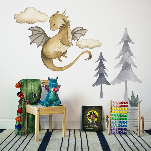 Detská nálepka na stenu The world of dragons - drak, obláčiky a strom