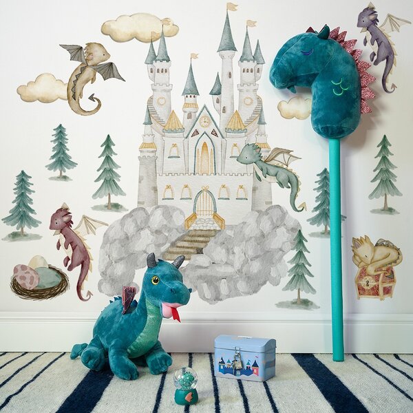 Detská nálepka na stenu The world of dragons - draci, vajíčka, zámok a poklad