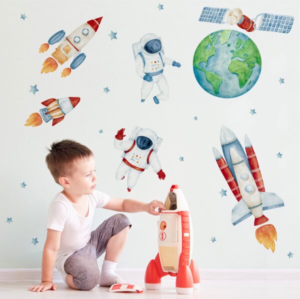 Detská nálepka na stenu Solar system - Zem, astronauti, satelit a rakety