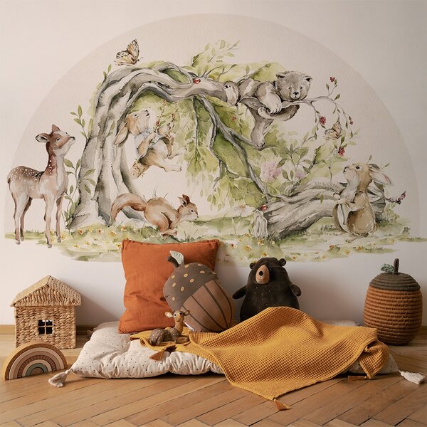 Detská nálepka na stenu Woodland walk - veselé zvieratká pri strome Rozmery: 95 x 56 cm