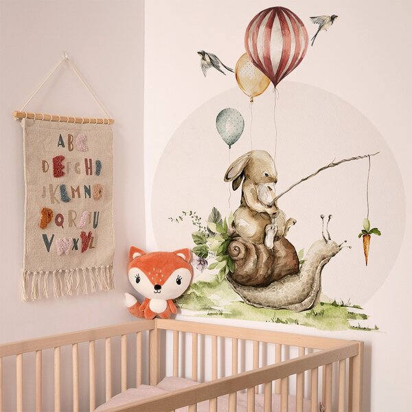 Detská nálepka na stenu Woodland walk - zajačik na slimákovi Rozmery: 70 x 60 cm