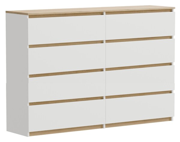 Komoda z bieleho dubu Torro s 8 zásuvkami, matná, 140 x 34 x 100 cm, extra veľká, moderná, do spálne alebo kancelárie
