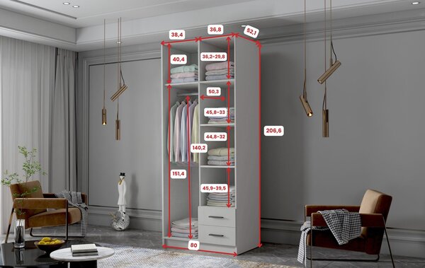 Šatníková skriňa ADA I 80 cm - biela / čierne úchytky