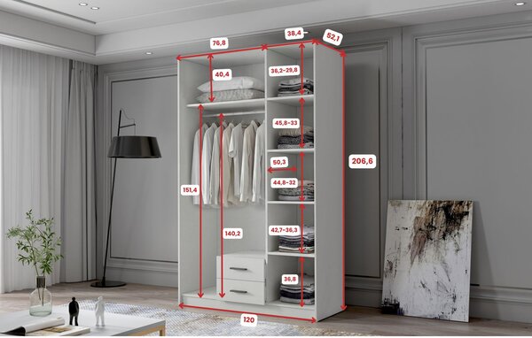 Šatníková skriňa ADA II 120 cm - biela / čierne úchytky