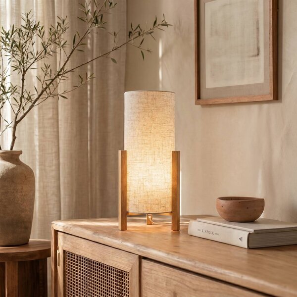 Näve Stolová lampa 3193, drevo, ľanový textil, výška 52 cm, Svetlé drevo, Obývacia izba / jedáleň, Drevo, Škandinávsky, Stojacie svietidlo