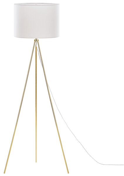 Stojacia lampa zlatá kovová 148 cm statívový stojan biele látkové bubnové tienidlo