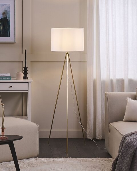 Stojacia lampa zlatá kovová 148 cm statívový stojan biele látkové bubnové tienidlo