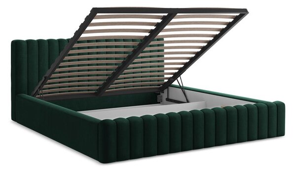 Tmavozelená čalúnená dvojlôžková posteľ s úložným priestorom s roštom 140x200 cm Lemi – Makamii