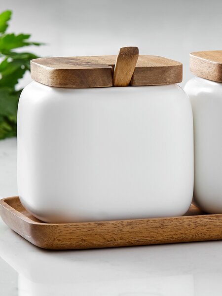 Súprava úložných dóz z porcelánu a akáciového dreva Essentials, 7 dielov