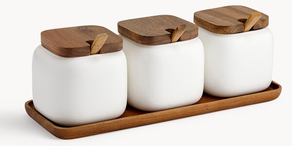 Súprava úložných dóz z porcelánu a akáciového dreva Essentials, 7 dielov
