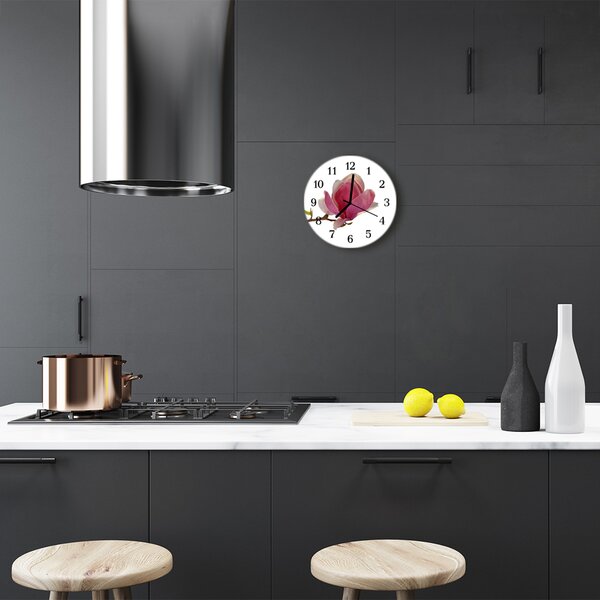 Sklenené hodiny okrúhle Magnolia kvetina fi 30 cm
