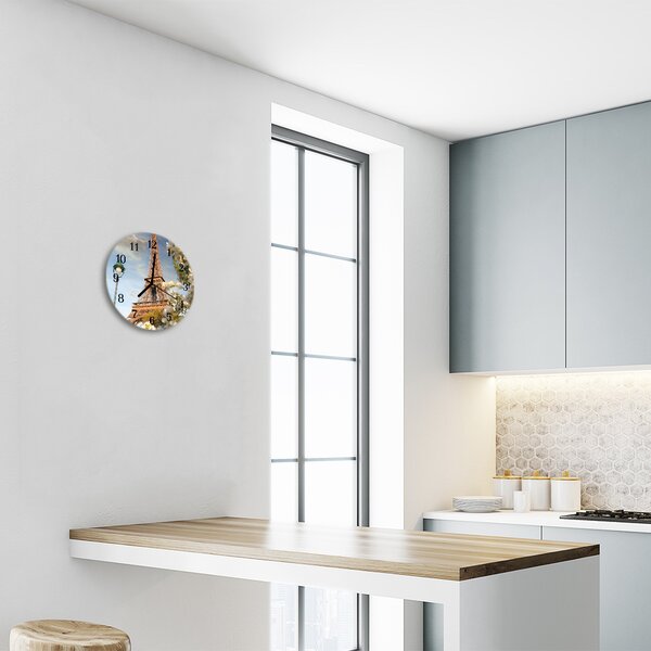 Sklenené hodiny okrúhle Eiffelova veža v paríži fi 30 cm