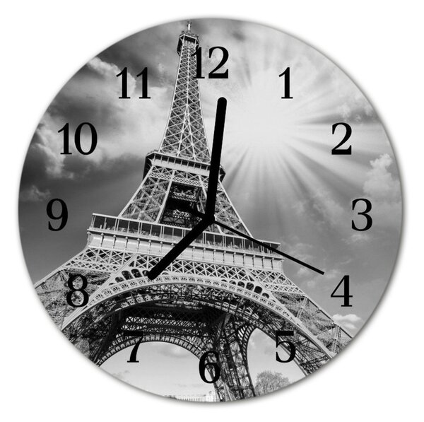 Sklenené hodiny okrúhle Eiffelova veža v paríži fi 30 cm