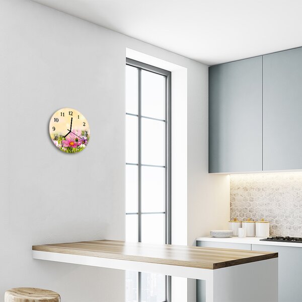 Sklenené hodiny okrúhle Kvety cosmos fi 30 cm