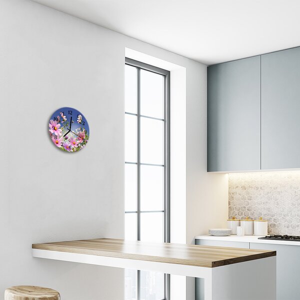 Sklenené hodiny okrúhle Kvety cosmos fi 30 cm