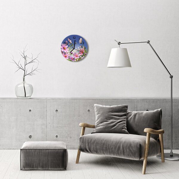 Sklenené hodiny okrúhle Kvety cosmos fi 30 cm